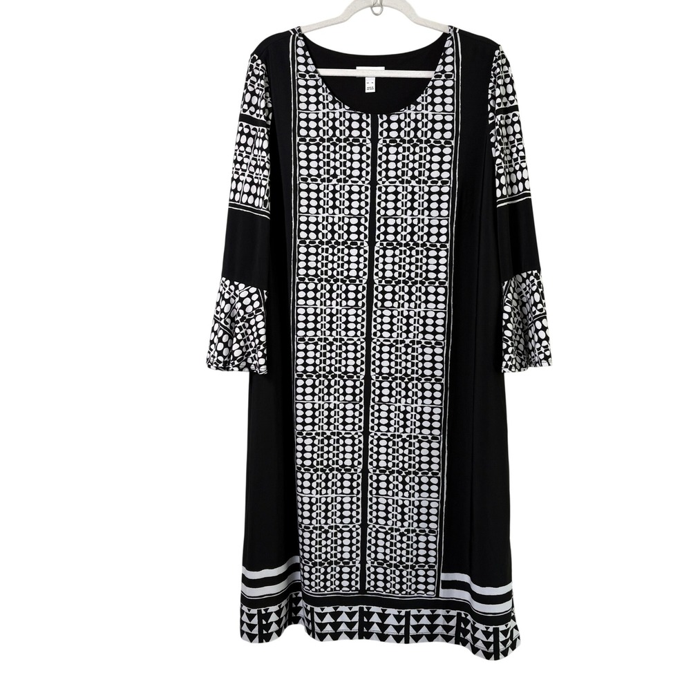 Susan Graver Liquid Knit Dress Womens XL Black White Geometric Bell Sleeve